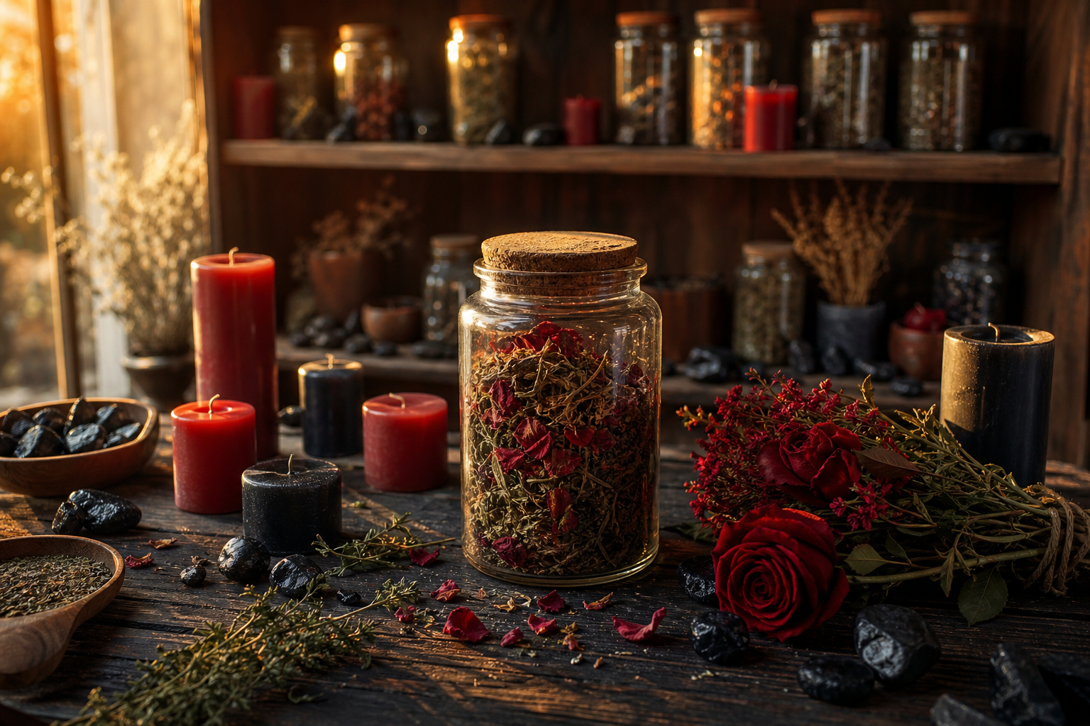 Botánica espiritual en Philadelphia PA con velas rojas y negras, frascos de hierbas y cristales de obsidiana sobre tela negra y roja