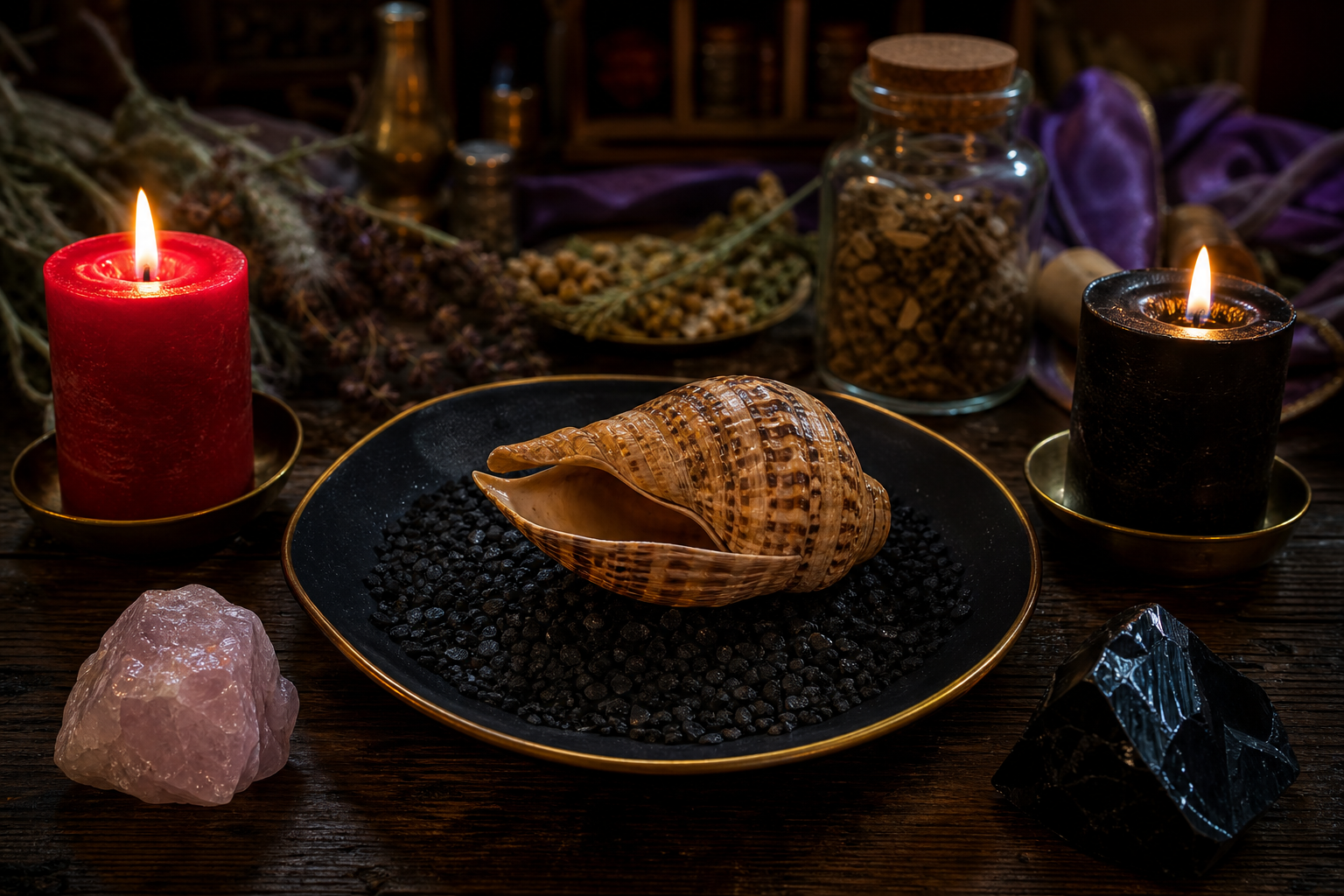 Mesa de consulta espiritual con vela roja y negra encendidas, cuarzos y caracoles en Philadelphia PA