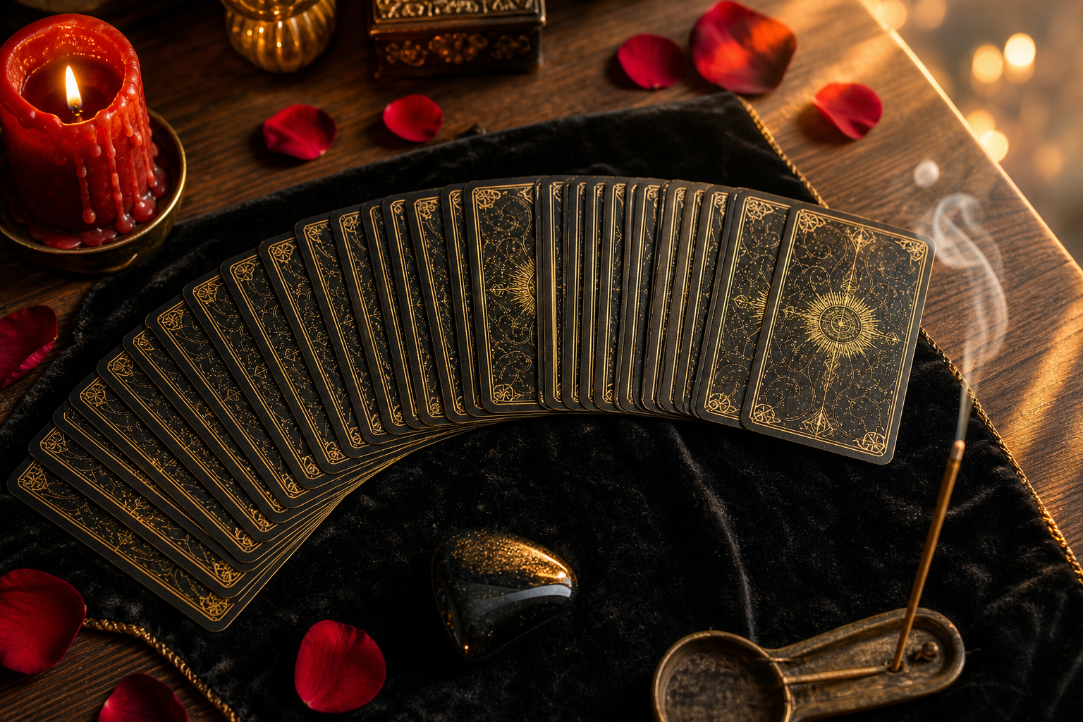 Lectura de cartas en Cragin Chicago IL con tarot, vela roja y pétalos de rosa
