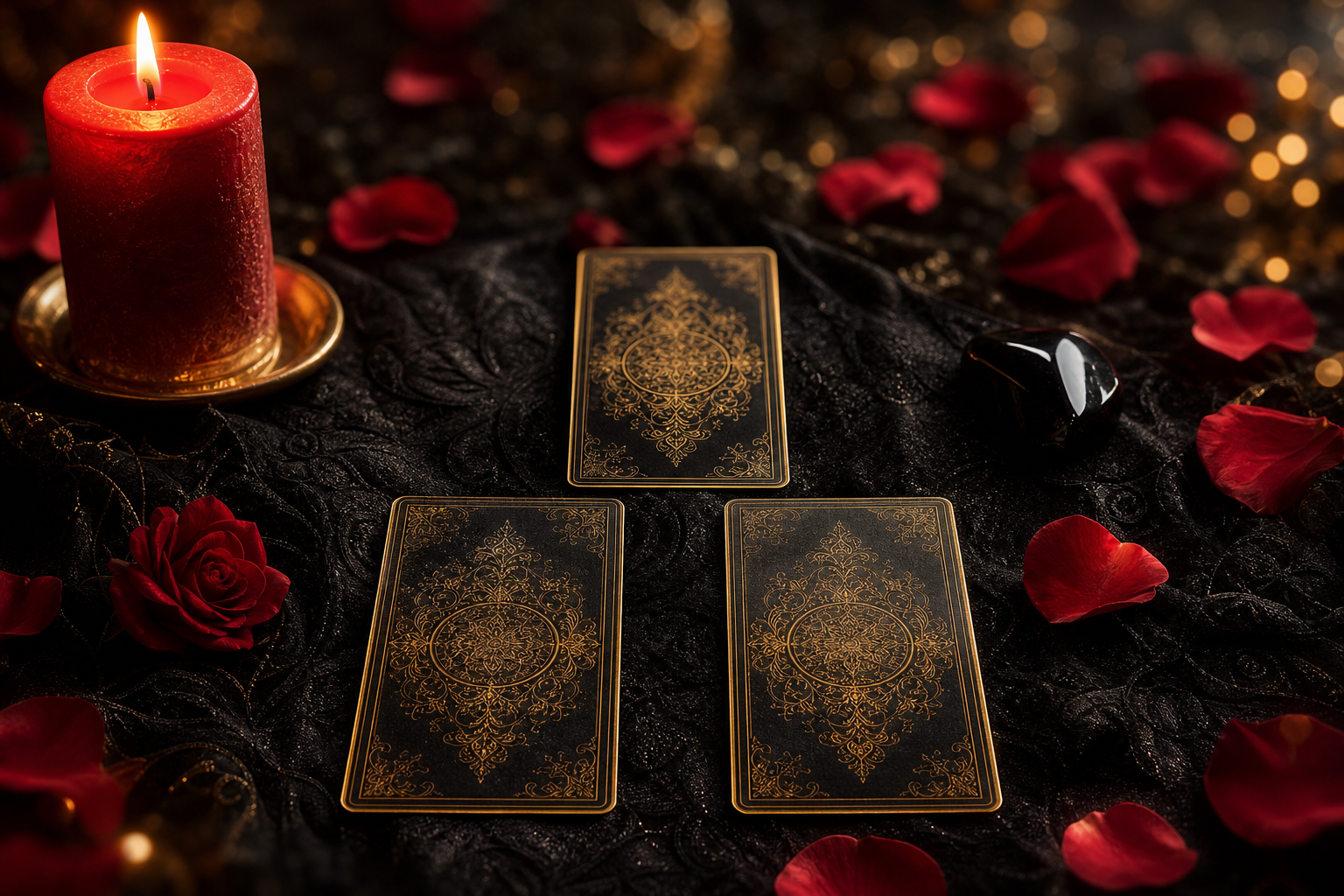 Lectura de cartas del tarot sobre tela negra con vela roja encendida y pétalos de rosa, servicio espiritual a distancia en Goshen, Indiana