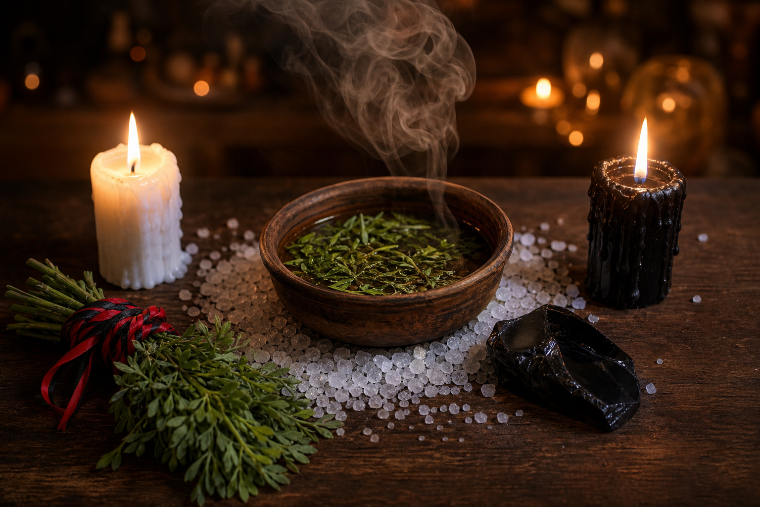 Limpieza espiritual en Goshen, Indiana, con elementos de purificación: vela blanca y negra, ruda, sal gruesa e incienso