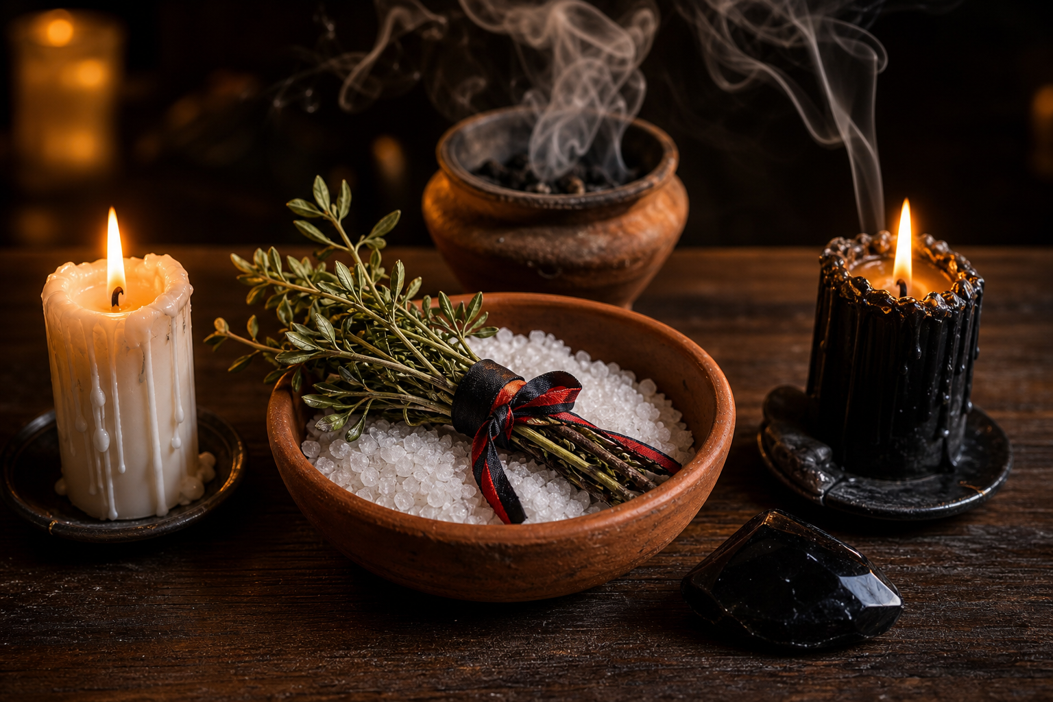 Limpieza espiritual en Philadelphia PA con velas blancas y negras, ruda y sal gruesa sobre una mesa de madera, humo de incienso denso, atención espiritual a distancia