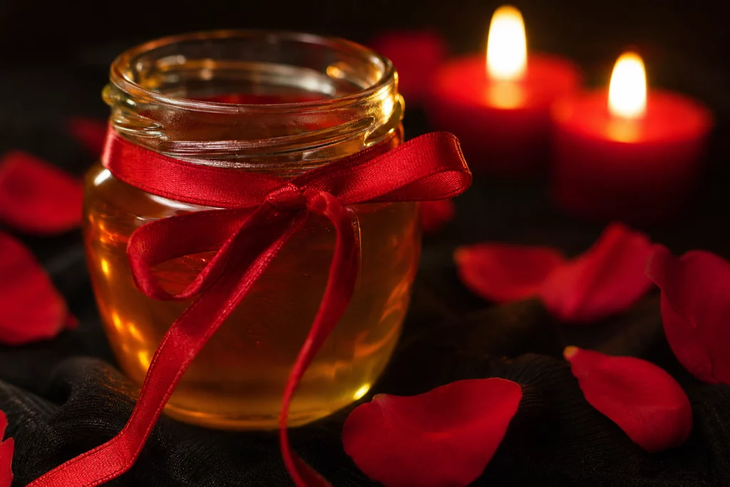 Amarres de amor en Baytown TX representados con frasco de miel y cinta roja, velas encendidas y pétalos de rosa, estilo editorial para Botánica del Amor