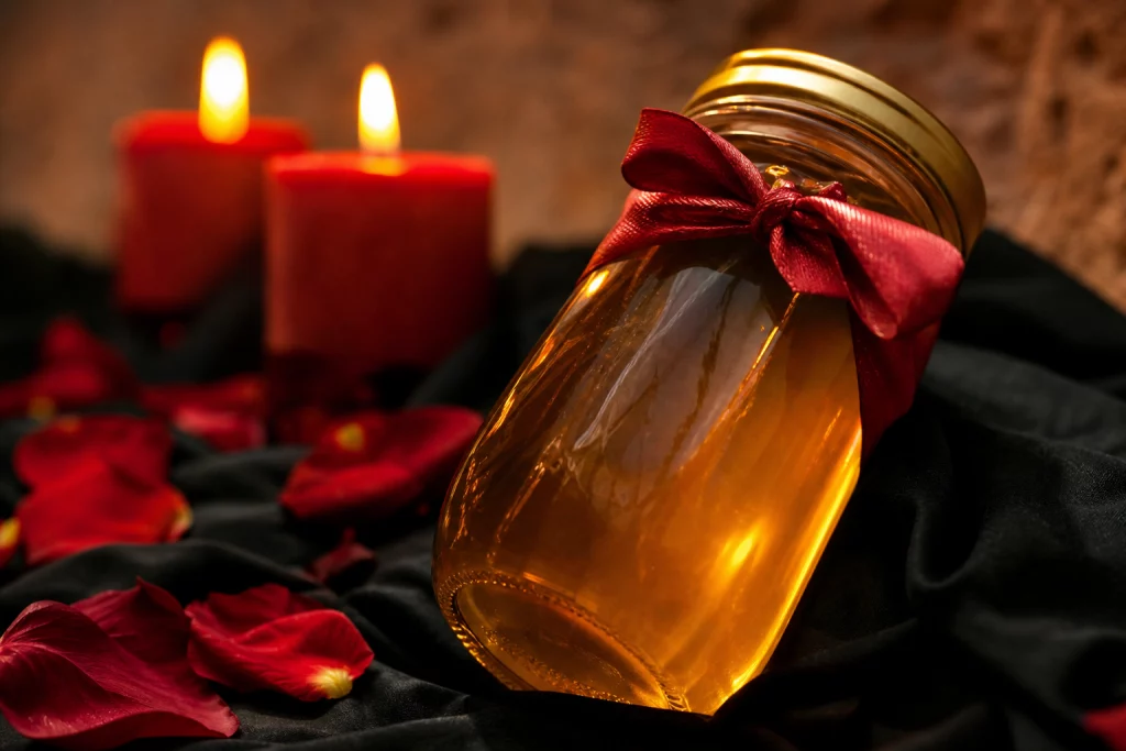 Ritual de amarre de amor con frasco de miel y cinta roja anudada, velas rojas encendidas y pétalos sobre tela negra, representando servicio de amarres de amor en Del